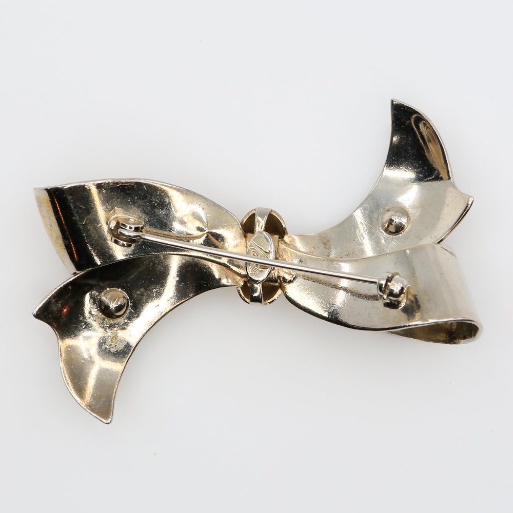 Vintage Natalie Art Moderne Silver Tone Bow Brooch With Orange Rhinestones 1940s - Picture 2 of 4